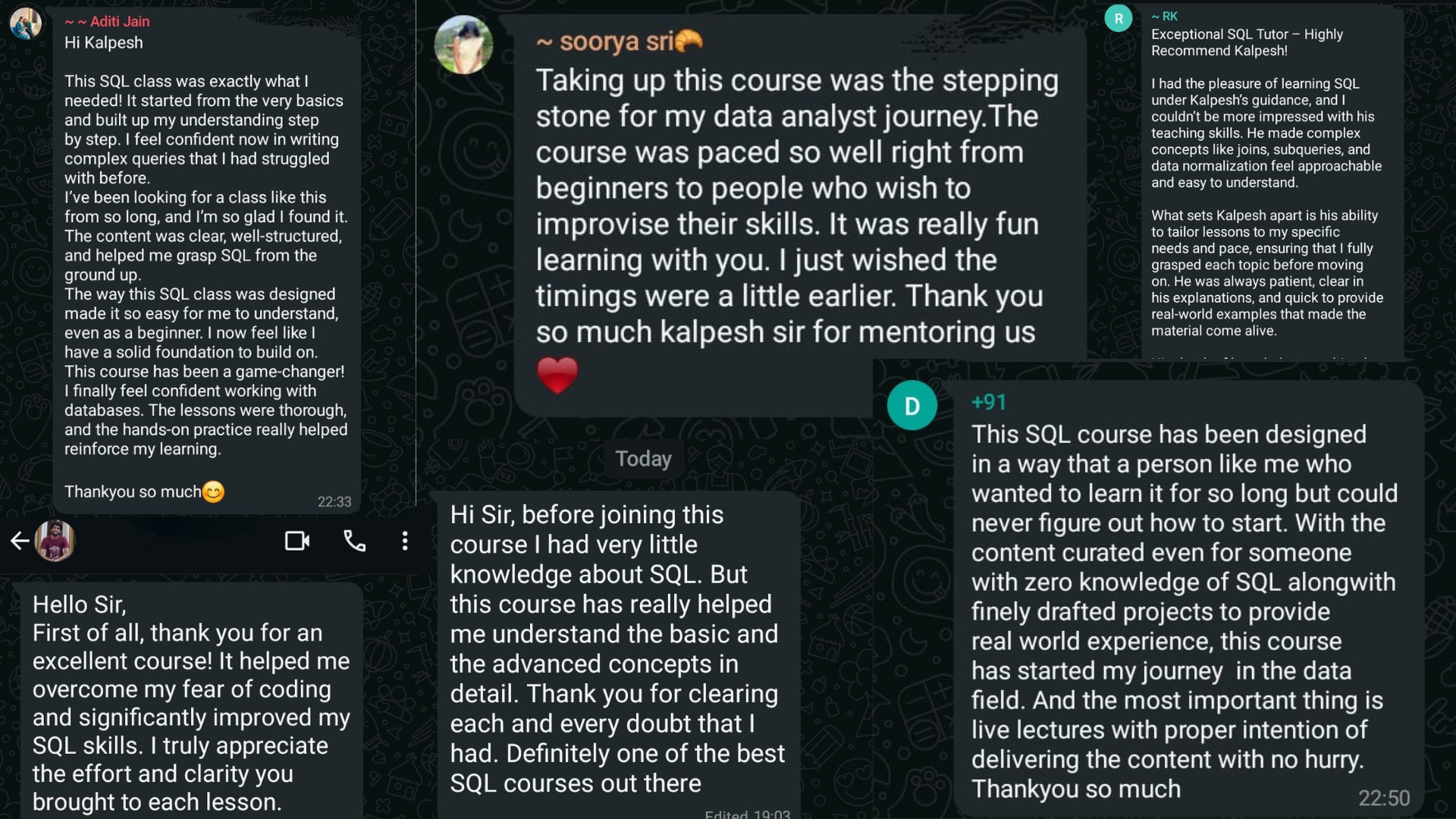 Learner feedback collage for the SQL bootcamp